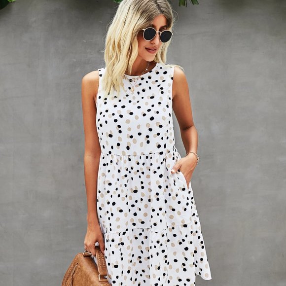 Women Crew Neck Sleeveless Polka Dot Ruffled Loose Fit Short Dress, Gift for Her - Picture 2 of 5